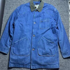 VTG L.L. Bean Denim Chore Barn Coat Jacket Plaid Lined Primaloft Olive Collar L
